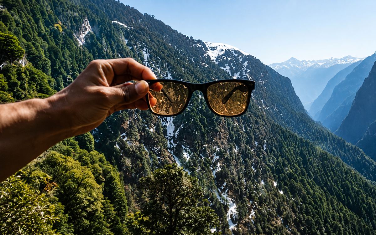 Anteojos de sol frente a montañas nevadas